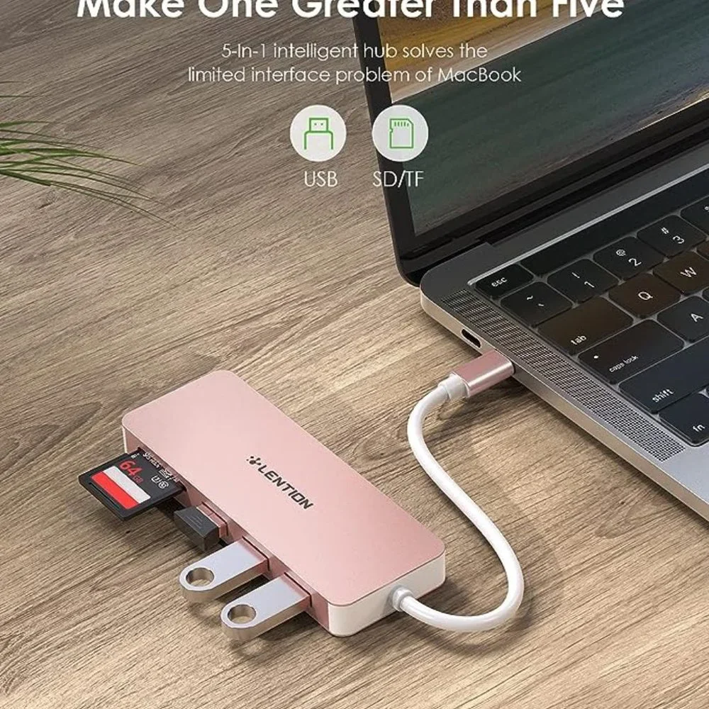LENTION USB C Hub with 3 USB 3.0 & SD/Micro SD Card Reader Type C Adapter ( Rose